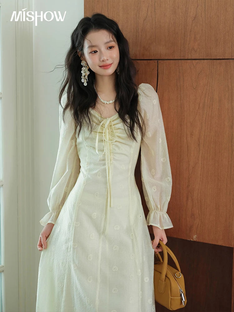 MISHOW Women's Cashew Flower Embroidered Dress 2025 Autumn V-neck Drawstring Long Sleeves Ladies Elegant Slim Dresses MXE41L2387
