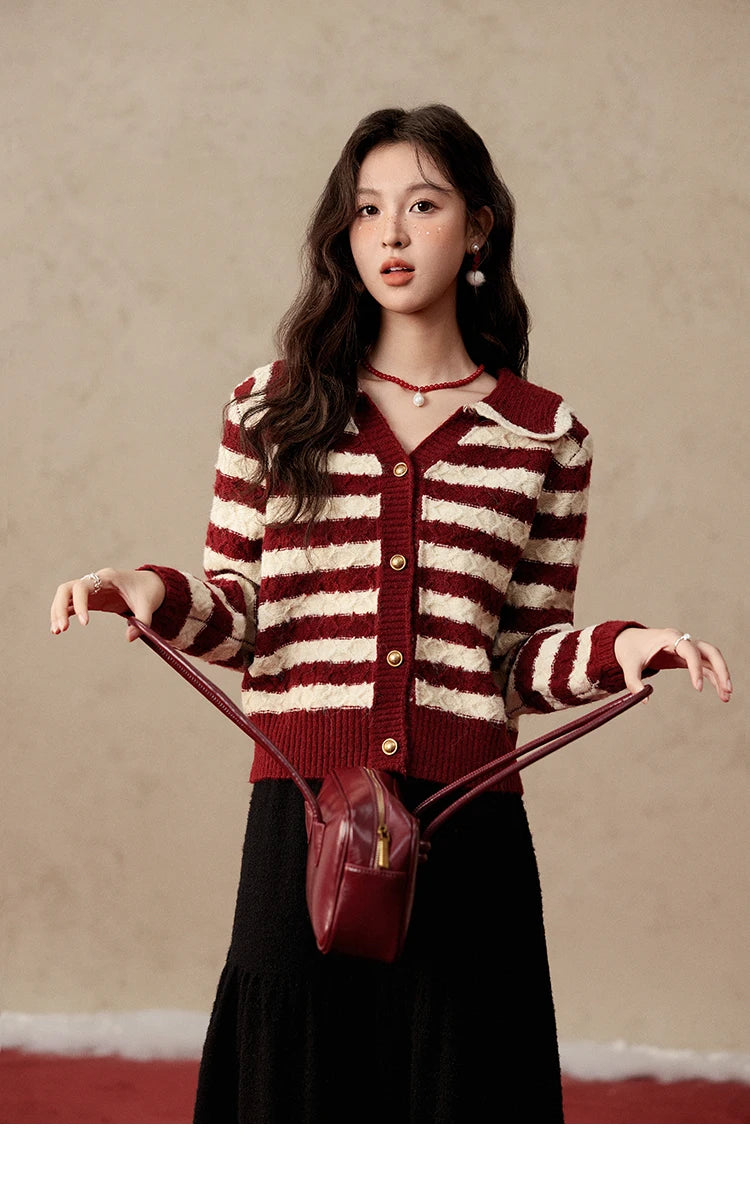 MISHOW Christmas Red Striped Turn Down Collar Cropped Cardigan Thickened Warm Wool Blend Sweater Soft Knitted Tops MXD58Z1038