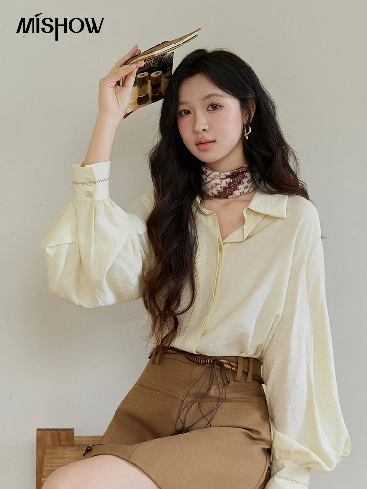 MISHOW Women's Lapel Lantern Sleeve Shirts 2026 Spring Lace Trim Casual Loose Breathable Solid Shirt Office Lady MXF13C2436