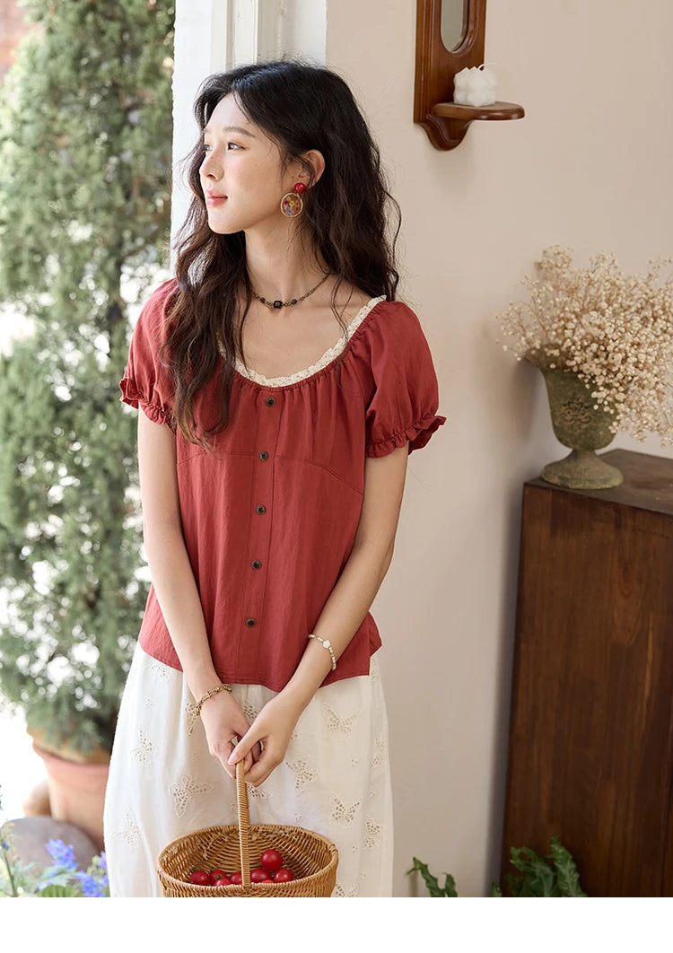 MISHOW French Summer Shirts for Women 2025 Short Puff Sleeve Lace Colla Slimming Blouses Female Sweet Fashion New MXE35X1827