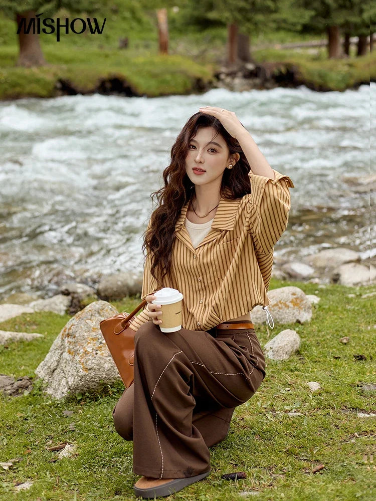 MISHOW Loose Lapel Collar Stripe Fake Two Piece Splicing Shirt for Women 2025 O-neck Asymmetric Square Pocket Shirts MXD43C0303