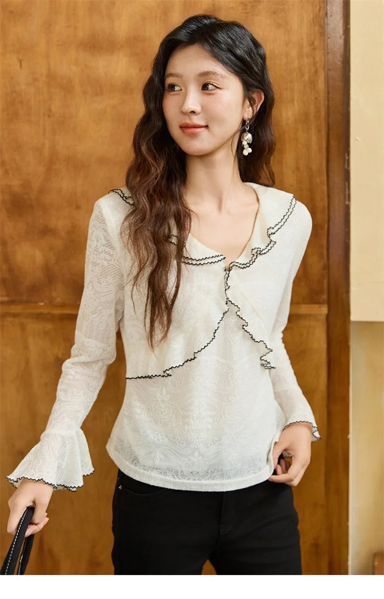 MISHOW Lace Blouse for Women Autumn 2025 V-neck Ruffle Edge Contrasting Embroidery Loose Top Flare Sleeve Blouses MXE45X2483