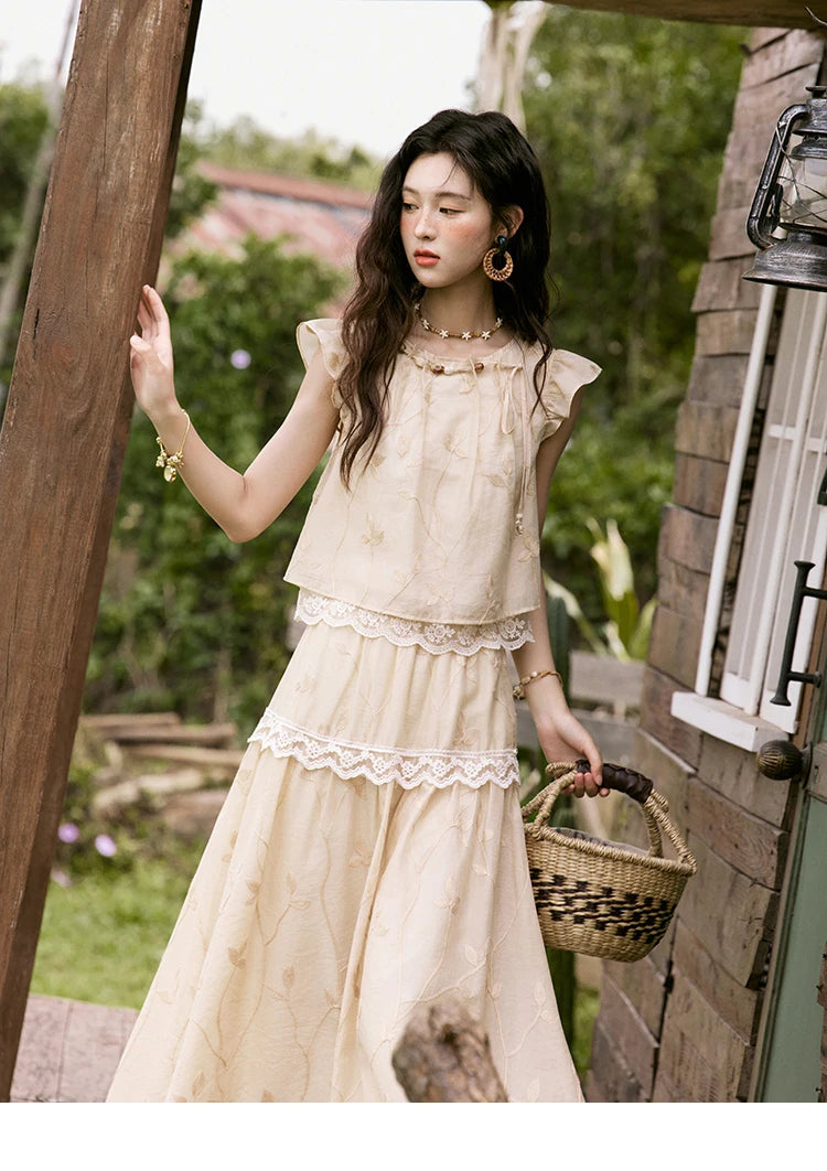 MISHOW Sweet Summer Skirt Sets Women New 2025 Short Flying Sleeve Round Neck Tops Hollow Embroidery A-line Skirt Lady MXE33T0545