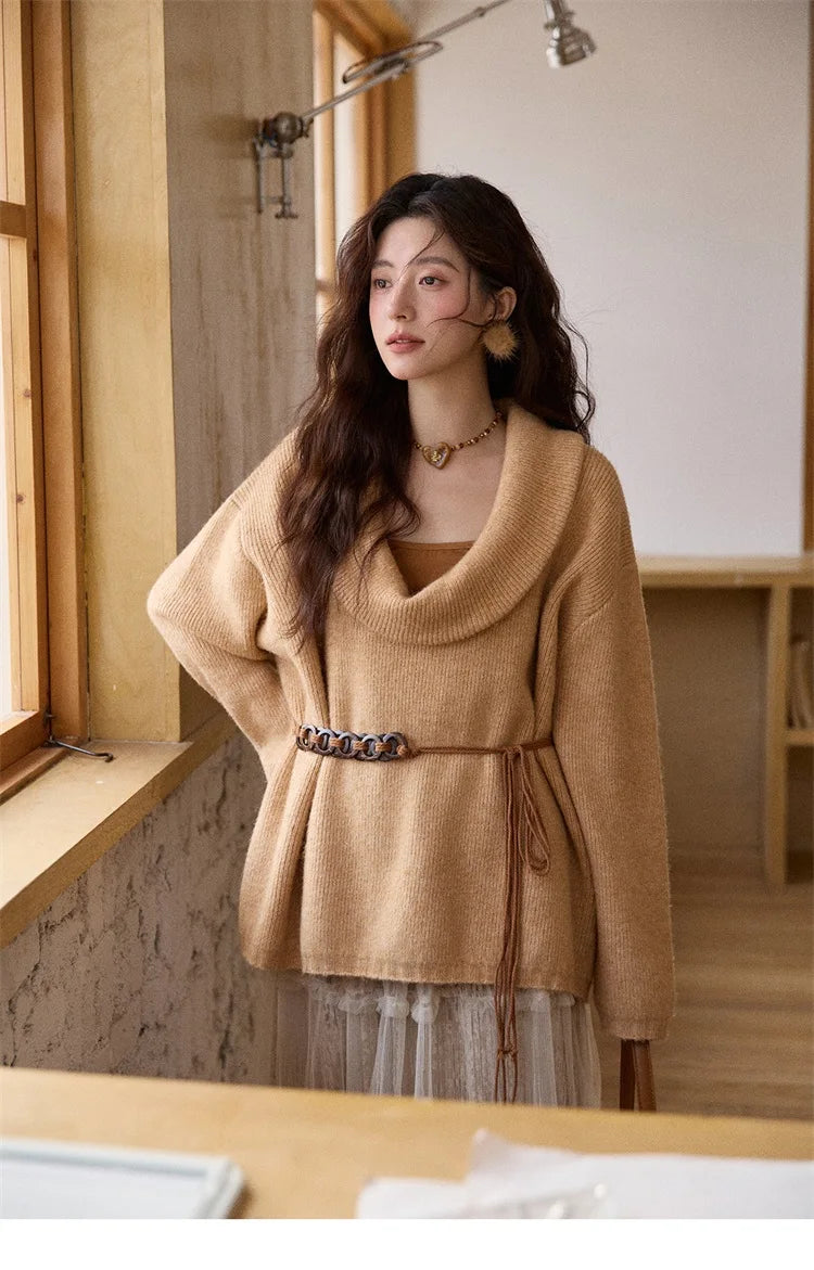 MISHOW Women's Orange Sweater 2025 Winter French Style Luxury Loose Long-sleeved Sweater Vest Belt Three-piece Set  MXE86T1437