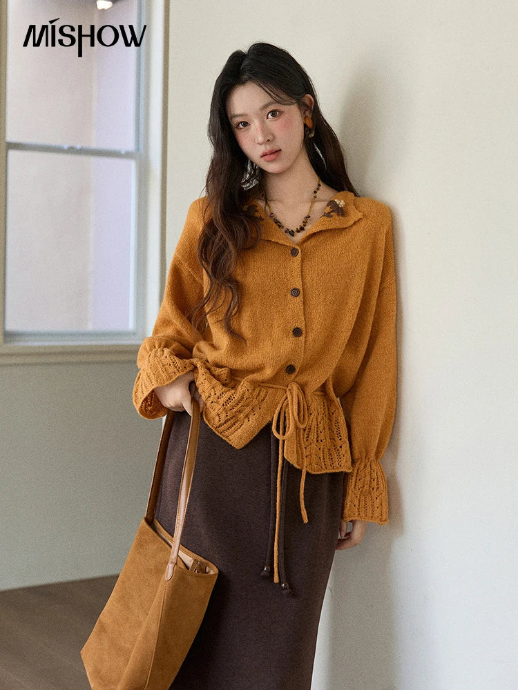 MISHOW Orange Cardigan Women 2025 Winter Retro Openwork Crochet Pattern Knit Top Loose Warm Flared Sleeves Sweater MXE87Z2685