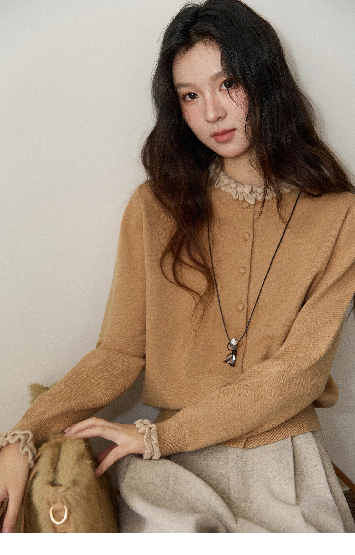 MISHOW Women Knit Cardigan Long Sleeve 2025 Winter Retro Ruffle O-neck Knitted Sweater Loose Casual Commute Khaki Top MXE91Z2749