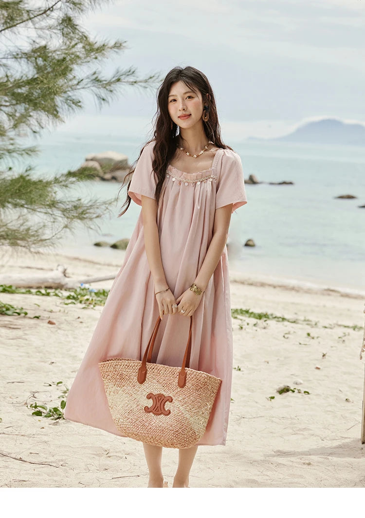 MISHOW Bohemian Pink Women‘s Summer Dresses Women 2025 Short Sleeve Square Collar with Belt Dress Lady New Fashion MXE33L2158