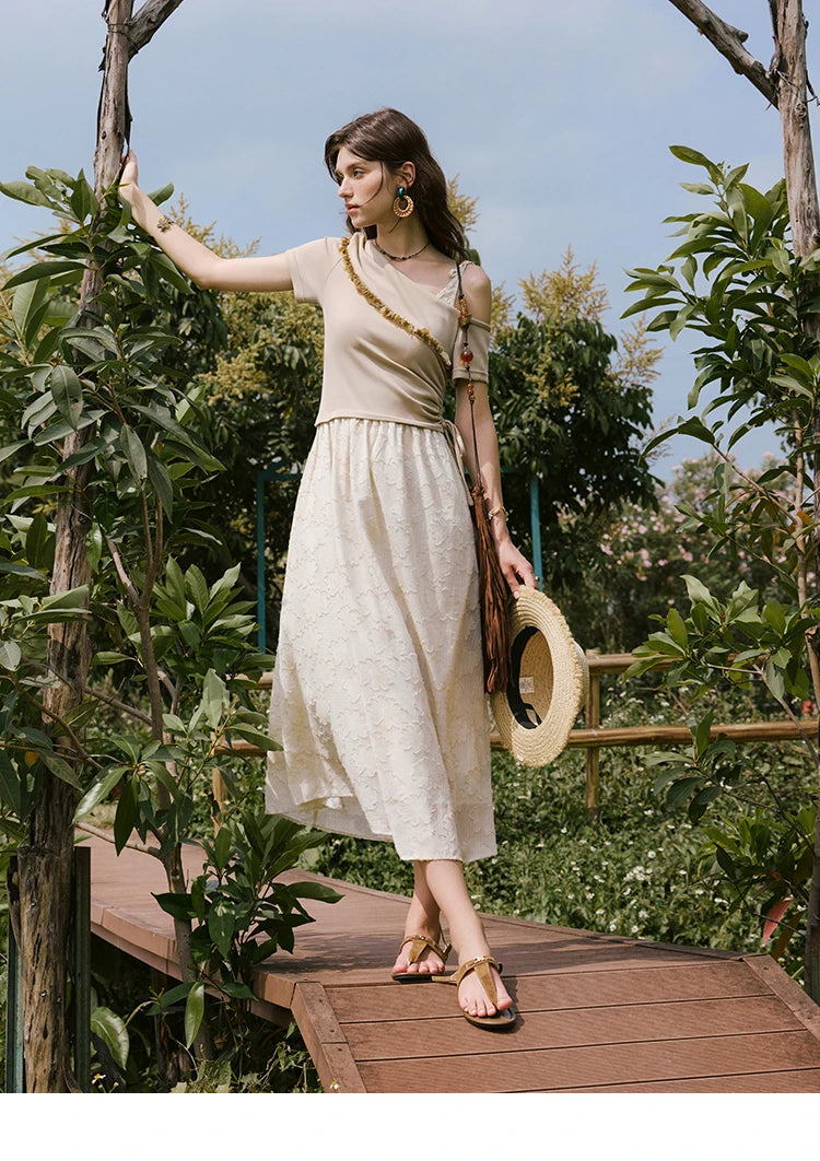 MISHOW Holiday Summer Dresses Women New 2025 Short Sleeve Off-shoulder Knitted Patchwork Midi Dress Female Slimming MXE33L2207