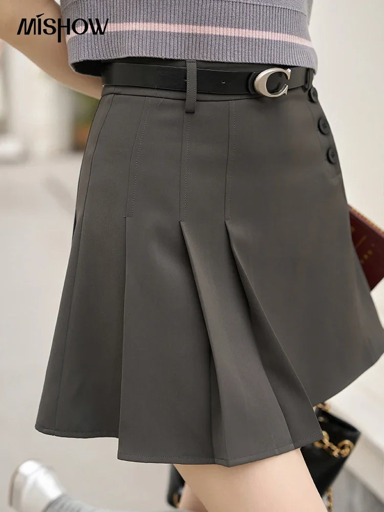 MISHOW Women's Pleated Short Skirt 2023 Summer College Style Solid High Waist Button A-LINE Above Knee Mini Skirts MXC37B0043