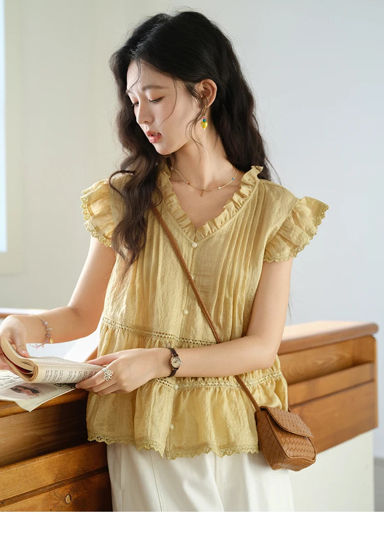 MISHOW Women's Summer Shirt 2025 New Wood Ear V-neck Flying Sleeve Shirt Casual Wrinkle Spliced Button Ladies Top MXE37X1908