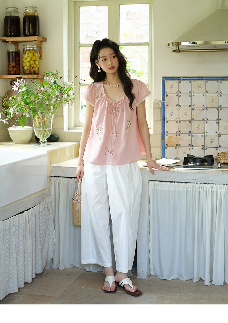 MISHOW Fashion Embroidery Flower Blouses for Woman 2025 Summer O-Neck Lace Up Flying Sleeve Lace Spliced Loose Top MXE39X1880