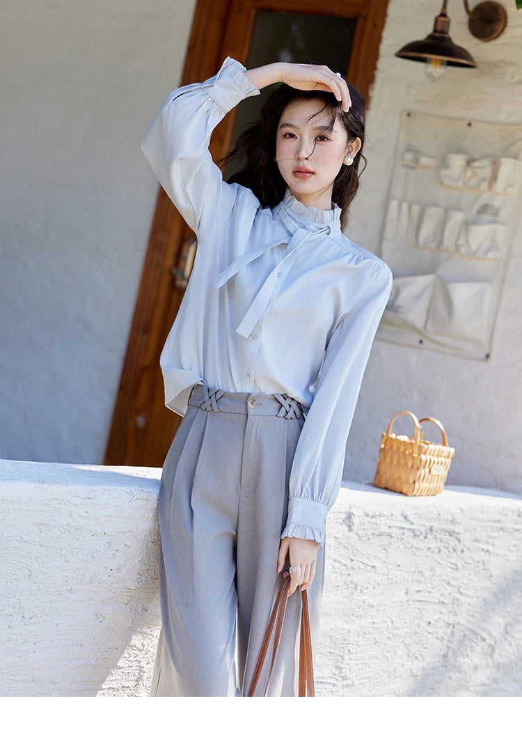 MISHOW French Ribbon Stringy Selvedge Neck Shirt for Women Spring 2025 Slim 100 Lyocell Shirts Solid Commuter Tops MXE13C0383