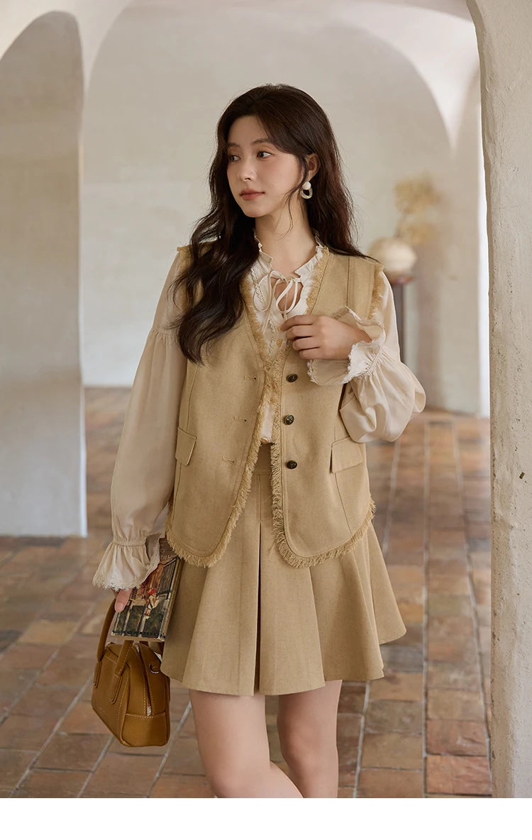 MISHOW Khaki Rough Selvedge Vest Coat Pleated Skirt Two-piece Set 2025 Autumn Women Linen Blend Retro Set Office Lady MXE41T0690