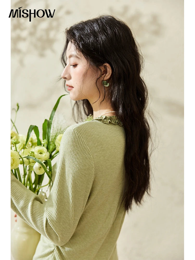 MISHOW Green Plaid Knitted Top 2025 Spring Lotus Leaf Sleeves Tees Slim Long Sleeve Curled Collar Single Breasted Top MXE14Z1152