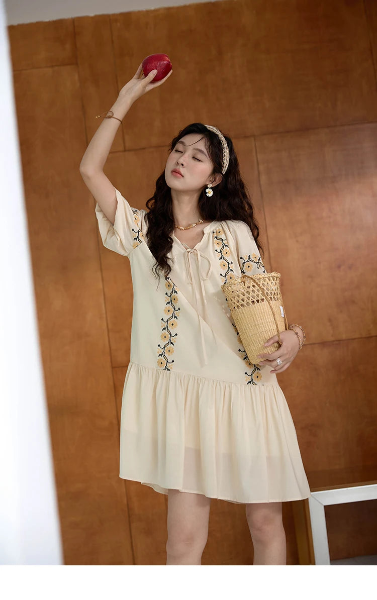 MISHOW  Women's Ethnic Dress 2024 Summer Korean Sunflower Embroidery Puff Sleeve Dress V Neck Lace-up Doll Dresses MXD30L1959