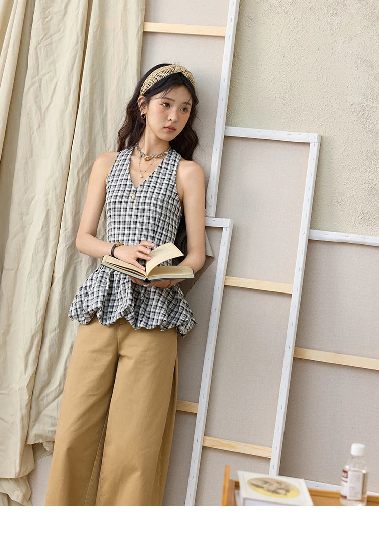 MISHOW Black Hanging Neck Plaid Blouse Backless V-Neck MXE35X1822