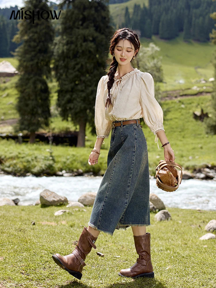 MISHOW Washed Hem Fringed Denim Midi Skirt 2024 Autumn Commuting Versatile A-line Long Skirt Retro Blue Casual Skirts MXD41B0453