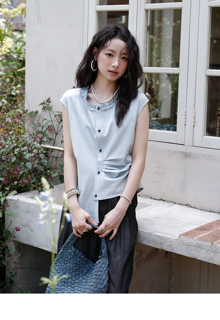 MISHOW Women's Casual Round Neck Shirt 2025 Summer New Office Lady Slim Shirt Sleeveless Button Top Female Clothing MXE38X1864