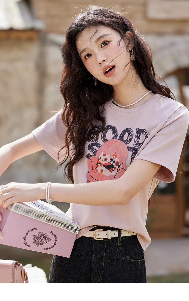 MISHOW Printed Cotton T-shirts for Women Spring 2025 Loose Slim Short Round Neck Tees Versatile Soft Casual Tops MXE13T0461