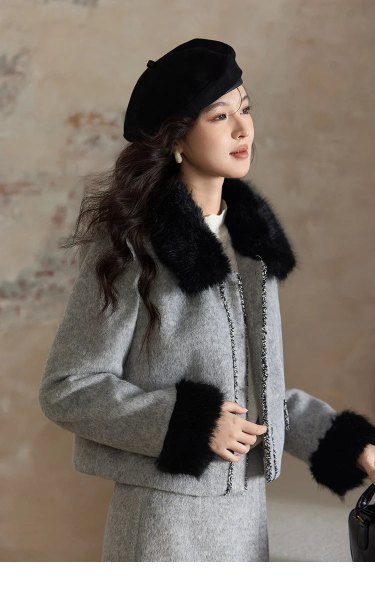 MISHOW Short Tweed Jacket Temperament Midi Skirts Separately Color Clash Lace Design Winter Skirt Thickened Coat MXD54W0553