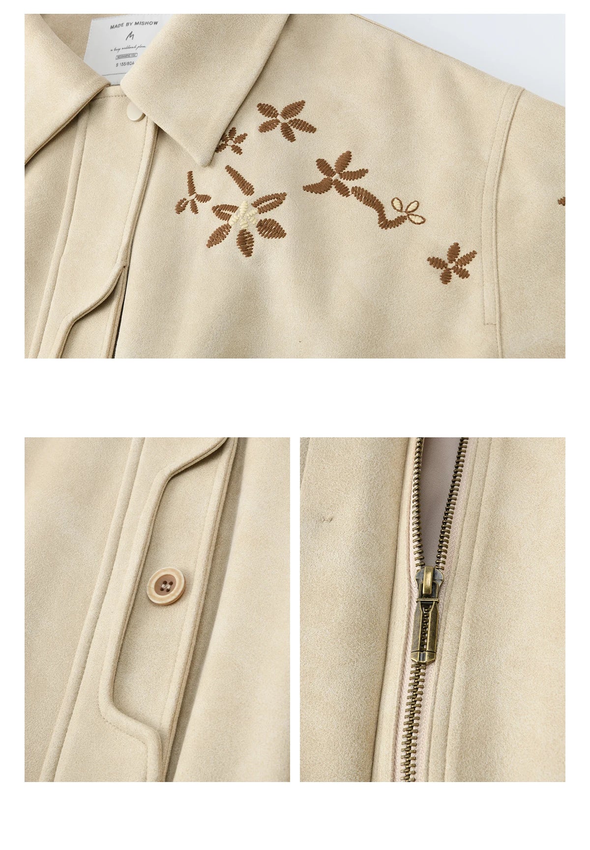 MISHOW Women's Imitation Suede Jacket2026 Spring Floral Embroidery Lapel Zipper Coats Long Sleeve Casual Outerwear MXF11W1027