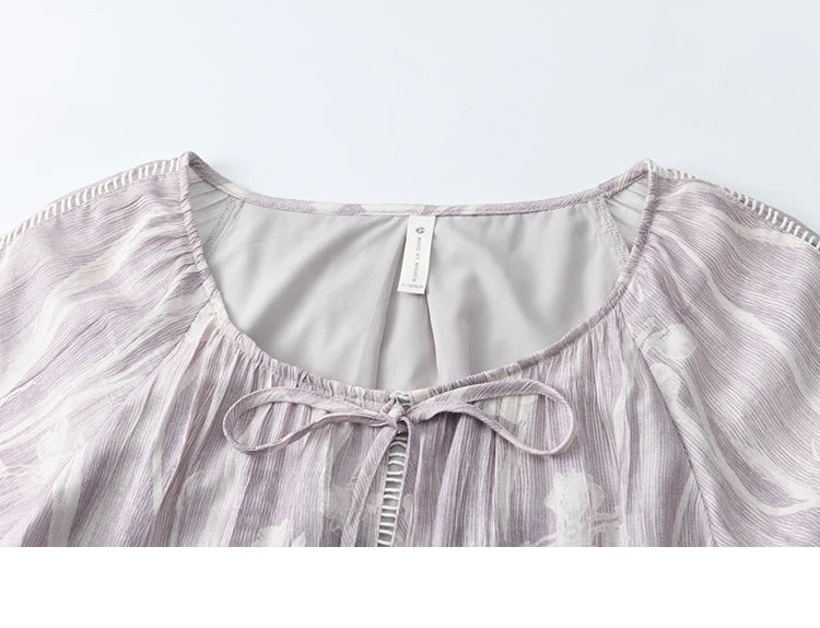 MISHOW Print Summer Chiffon Dress Women 2025 Short Sleeve U Neck Splicing Hollow Lace Midi Dresses Lady New Fashion MXE32L2164