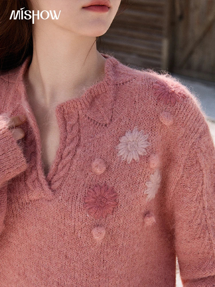MISHOW Women's Raspberry Pink Wool Blend Sweater 2025 Winter French Floral Pom-Pom Embroidered V-Neck Knitted Top MXE86Z2740