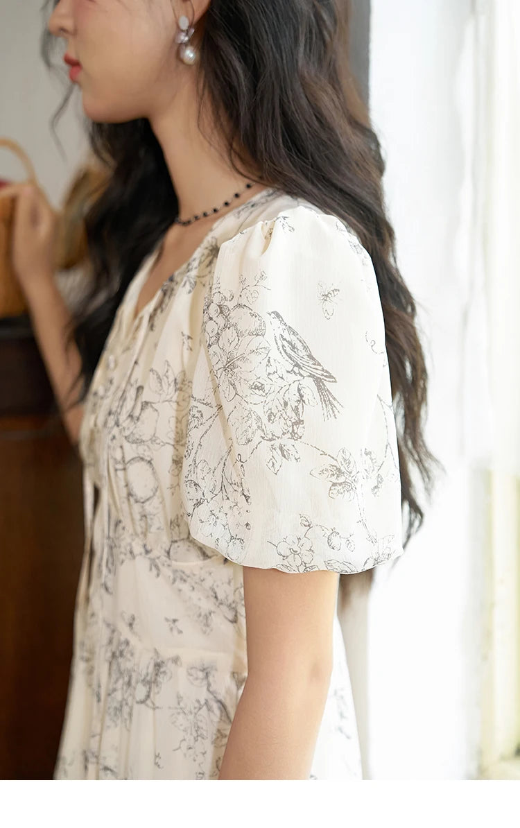 MISHOW Women's Print Chiffon Dresses 2025 Summer New Floral Short Sleeve Mid-length A-line Lace-up French Lady Dress MXD27L1841