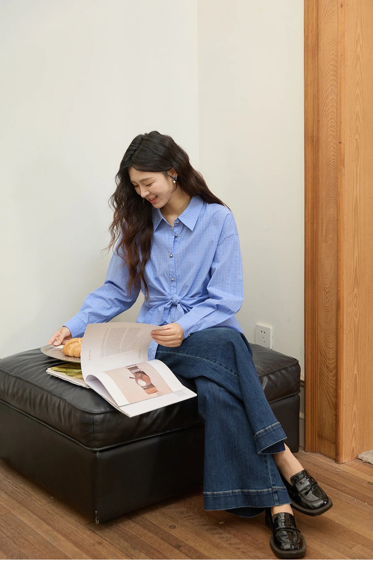 MISHOW Blue Plaid 100 Cotton Shirt Autumn 2025 Bow Tie Waist Matte Silver Butto Shirts Lapel Dropped Sleeved Tops MXE44C2395