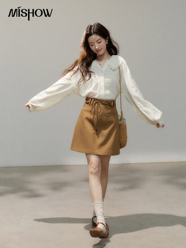 MISHOW Women's Beige Apricot Lace Shirts 2026 Spring Peter Pan Collar Micro Lantern Sleeves Top Casual Elegant Shirt MXF108C0813