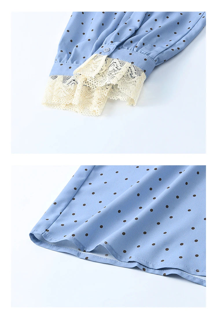 MISHOW Lace Patchwork Polka Dot Shirt for Women Spring 2025 French V-neck Shirt Cuff Splic with Hollowed Out Lace Top MXE12X1707