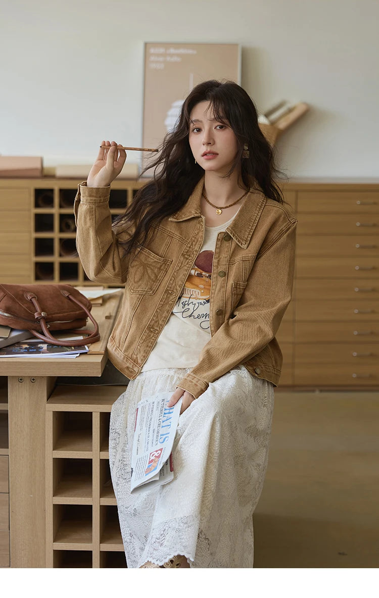 MISHOW Light Brown Vintage Denim Jacket for Women 2025 Autumn Embroidered Pockets Dropped Sleeve Retro Loose Jacket MXE41W0795