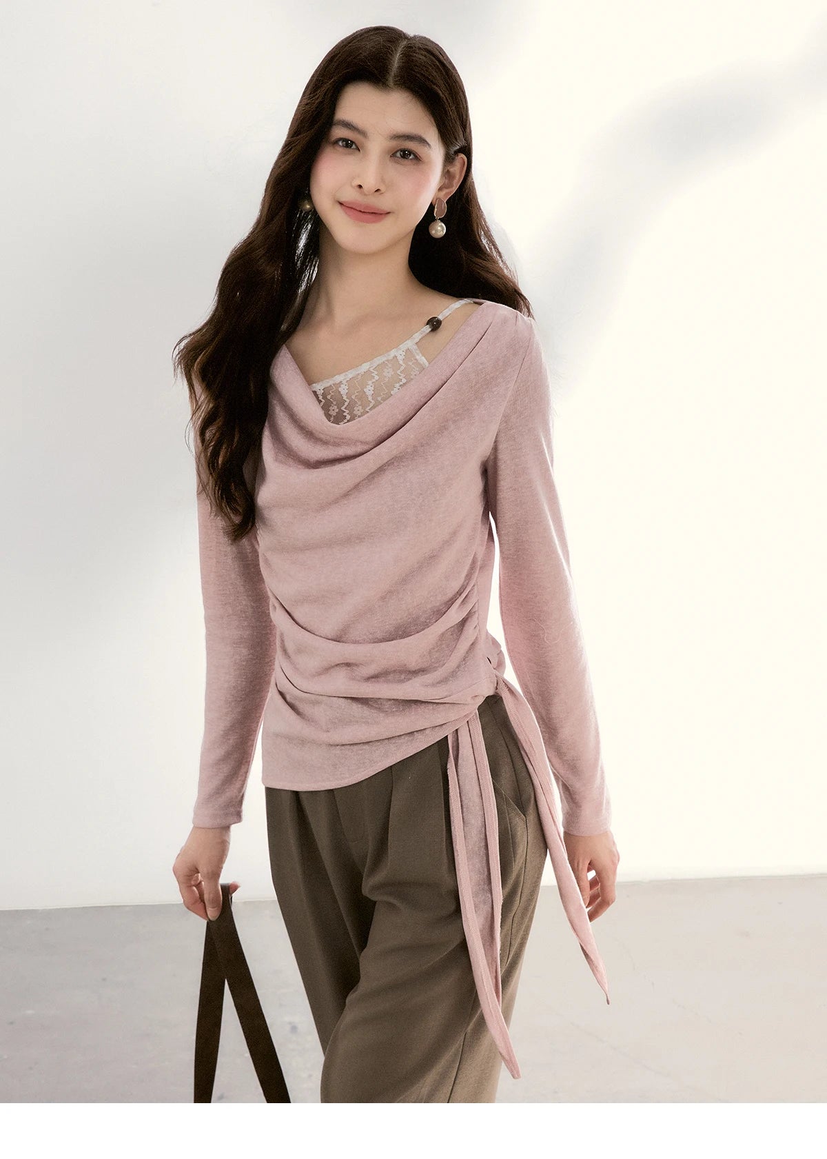 MISHOW Women's Splicing Lace Trim Draped Neck Long Sleeve Tops 2026 Spring Side Tie Ruched Irregular Casual Slim Tees MXF13Z2995