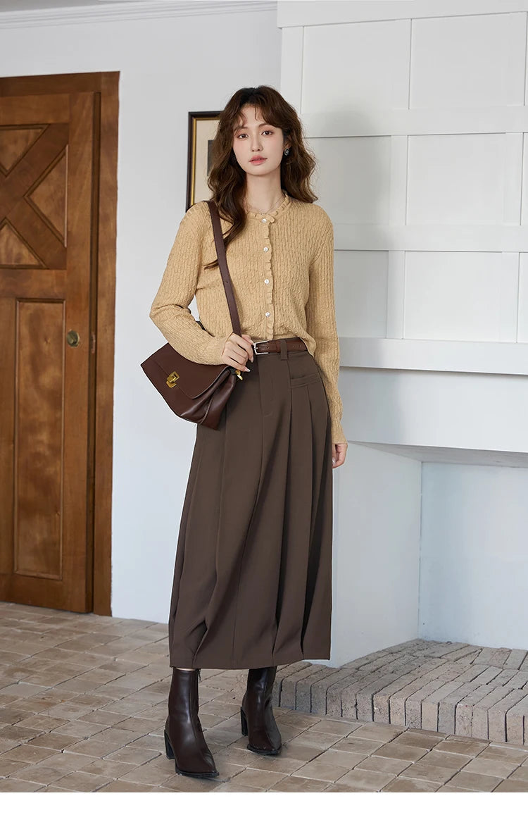 MISHOW Women's Midi Skirt 2023 Autumn Academy Pleated Commuter A-LINE Pockets Solid Split Back Hem Mid-Calf Skirts MXC42B0118