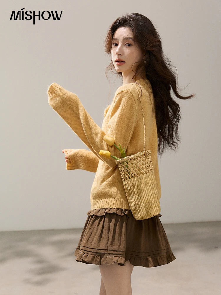 MISHOW Women's Flower Decor Mohair Fork Knit Cardigan 2026 Spring Crew Neck Long Sleeve Tops Casual Solid Sweater MXF15Z3051