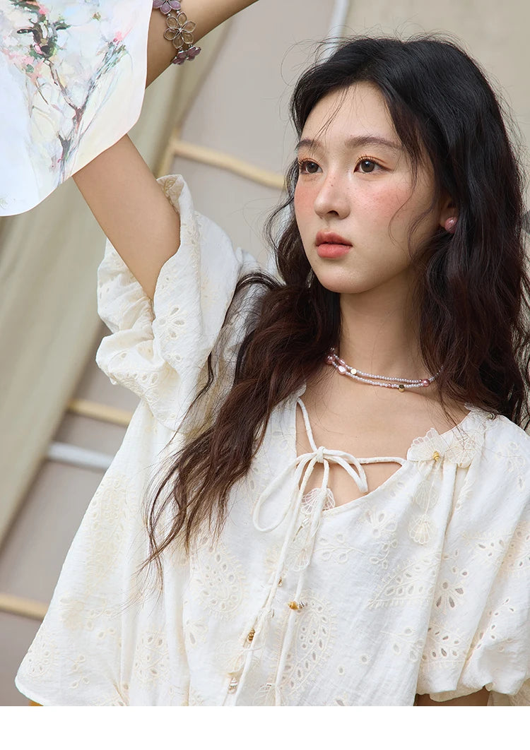 MISHOW Fashion Embroidery Jacquard Design Short Sleeve Shirt for Women 2025 Summer New V-neck Lace Up Retro Loose Top MXE35X1790