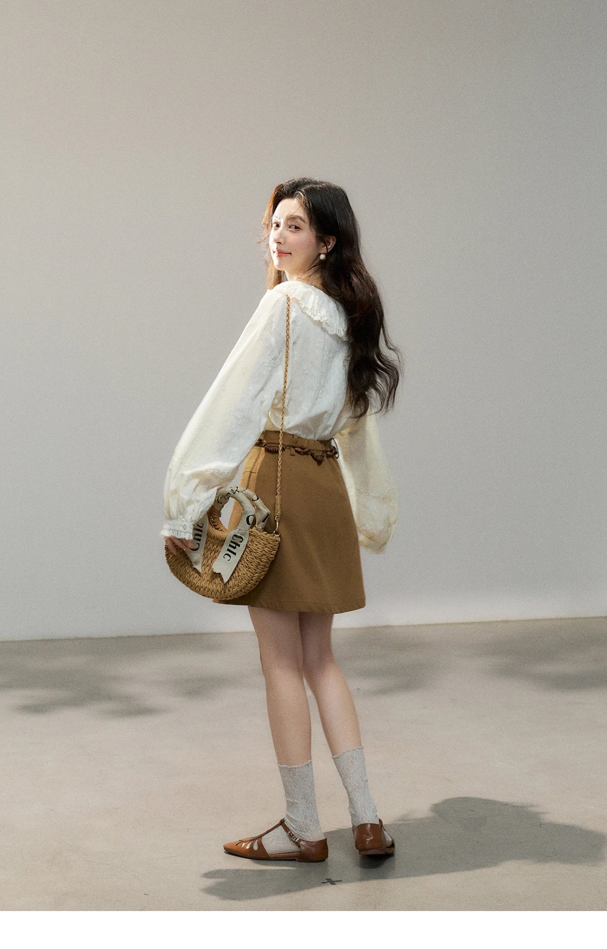 MISHOW Women's Beige Apricot Lace Shirts 2026 Spring Peter Pan Collar Micro Lantern Sleeves Top Casual Elegant Shirt MXF108C0813