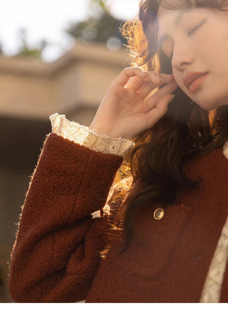 MISHOW Wool Coat for Women Winter Korean Retro Lace Splicing Lamb Wool Button Pockets Thickened Warm Female Coat MXB43W0720