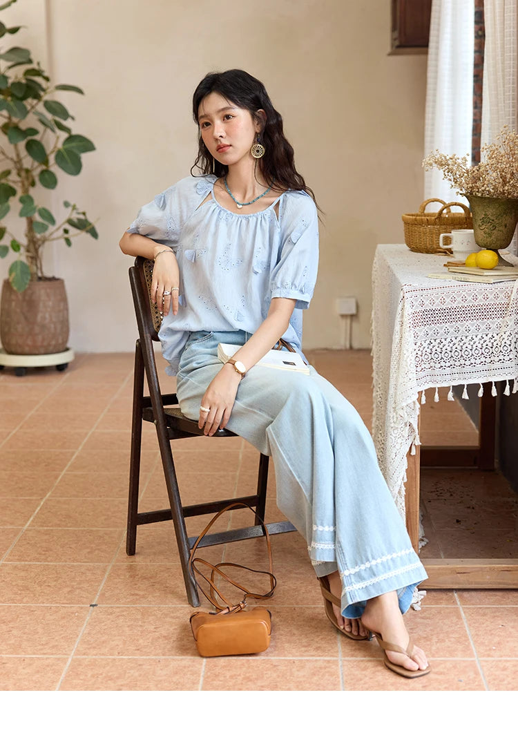 MISHOW Women's Butterfly Embroidery Blouse 2025 Summer New Fashion Hollow Out O-Neck Casual Top Female Clothing MXE36X1878