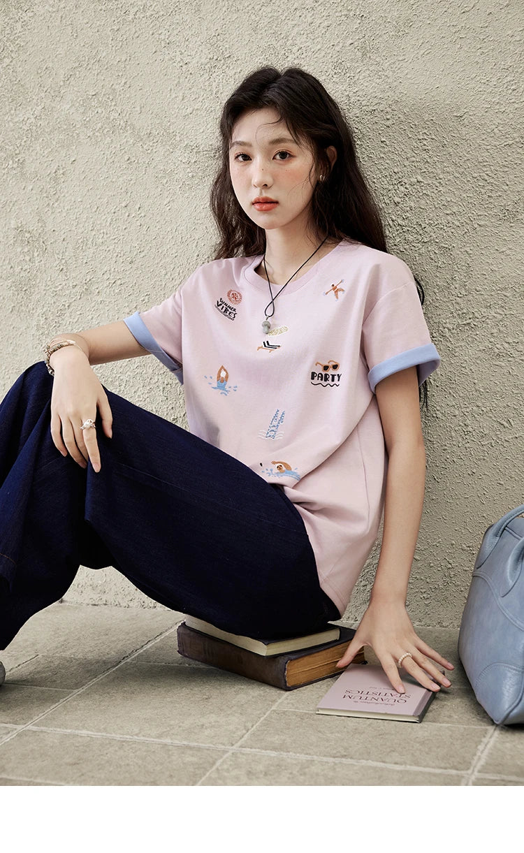 MISHOW Embroidered Casual T-shirt for Women Summer 2025 Short Sleeve Round Neck Shirts Female New Fashion Tops Lady MXE16T0506