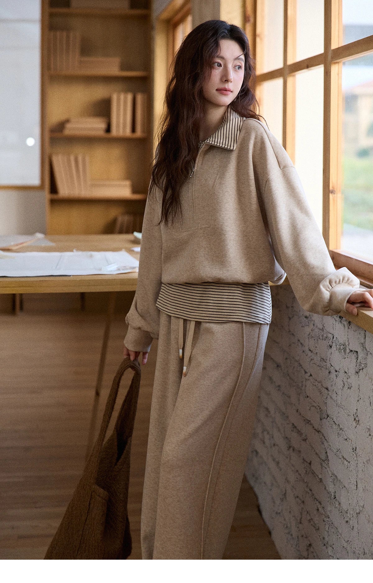 MISHOW Woman Pants Set 2025 Winter Casual Retro Sweatshirt Set Striped Lapel Half-Zip Sweatshirt Wide Leg Pants MXE87T1425