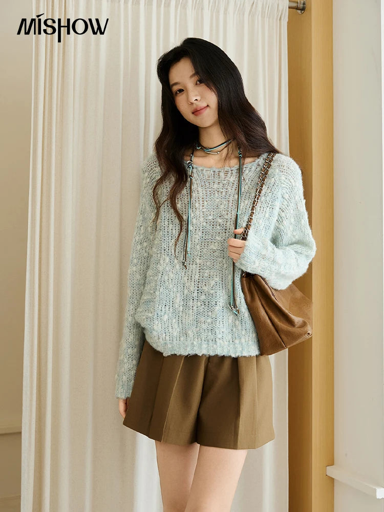 MISHOW Scoop Neck Loose Sweater 2025 Autumn Raglan Sleeve Casual Knitted Top Hollow-out Wool Blend Soft Warm Sweaters MXE46Z2565