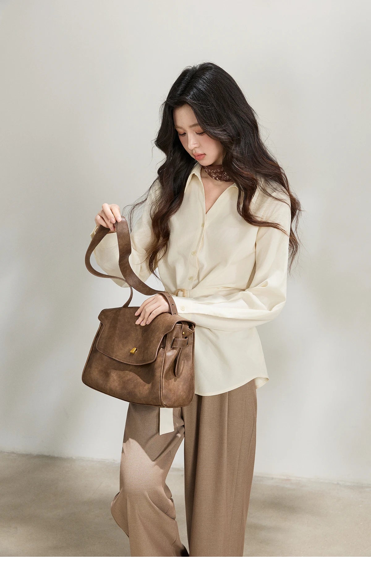 MISHOW Women's Lapel Collar Long Sleeve Shirt 2026 Spring with Belted Waist Casual Loose Soft Beige Shirt Office Lady MXF13C2452