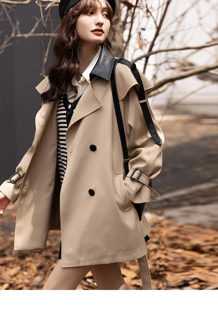 MISHOW Trench Coats for Women Autumn Korean Office Lady Polo Collar Patchwork Long Mid-length Jacket Female Outerwear MXB33W0399