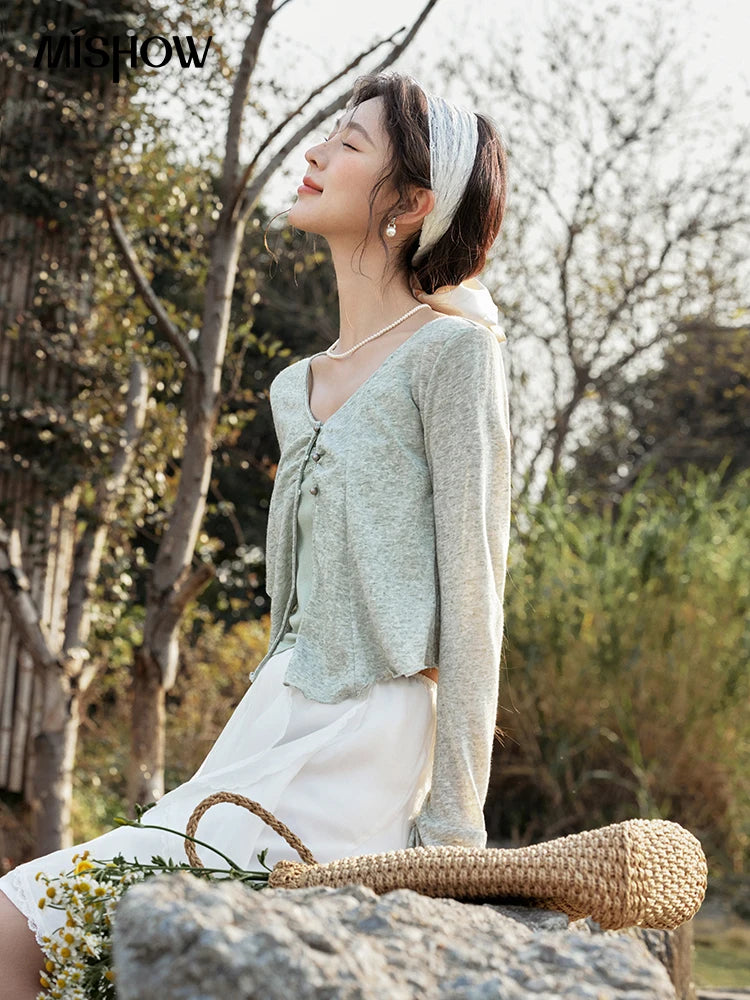 MISHOW Light Green Camisole Knit Cardigan Two-piece Set Spring Summer 2025 Lace Bow Camisole V-neck Cardigan Sets MXE15T0504