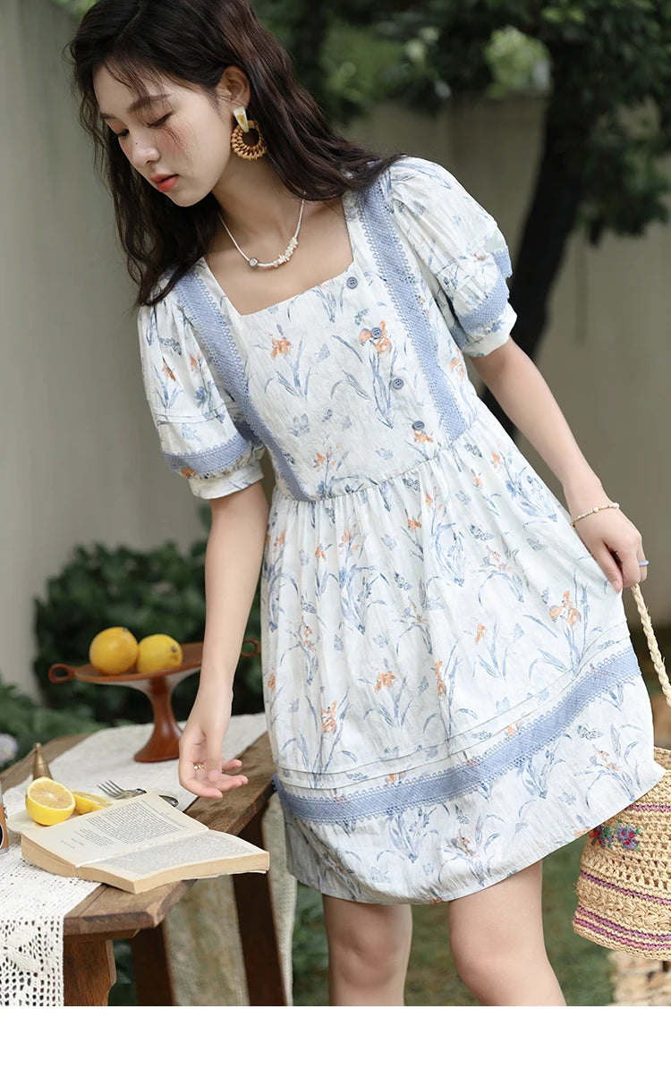 MISHOW Ink Wash Printed Fabric Dress for Women 2025 Summer French Oil Painting Square Neck Splicing Lace Doll Dresses MXD29L1932