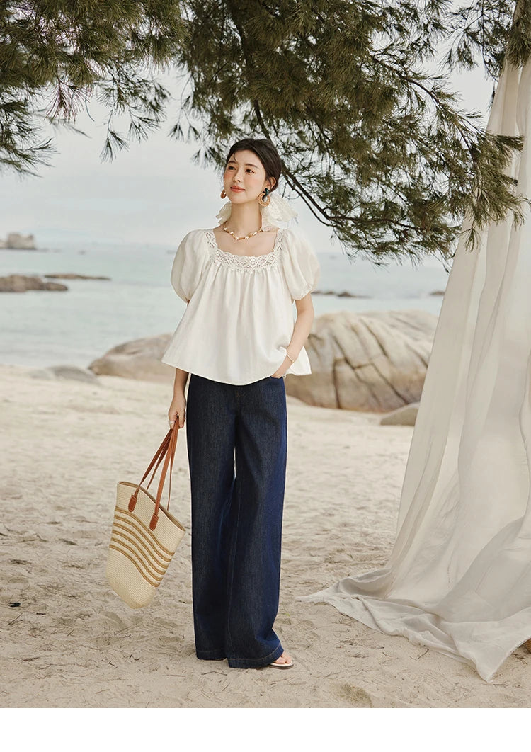 MISHOW French New Shirts Women Summer 2025 Short Puff Sleeve Square Collar Solid Splicing Lace Blouses Female Holiday MXE32X1780