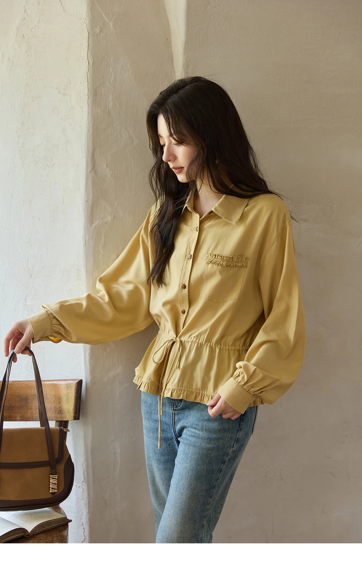 MISHOW Autumn French Drawstring Waist Shirt 2025 Yellow Hem Lotus Leaf Top Female Lapel Lantern Sleeve Commuter Shirt MXE42C2368