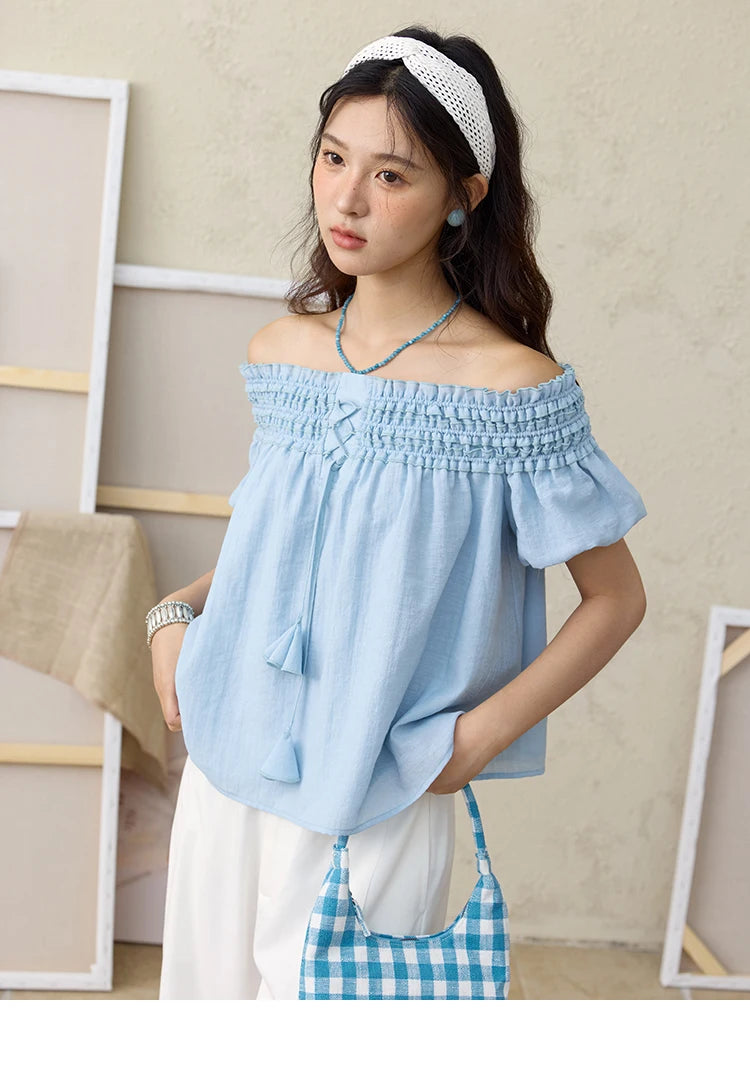 MISHOW Mist Blue One Shoulder Blouse Summer 2025 Elastic Pleated Flower Bud Sleeves Doll Blouses Cotton Blend Top MXE34X1796