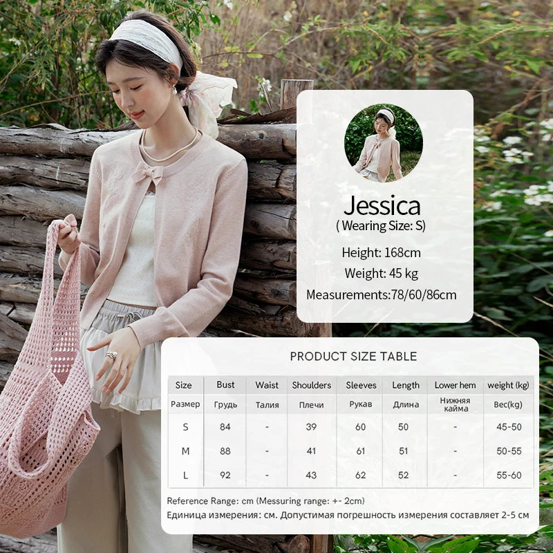 MISHOW Women's Iris Embroidery Round Neck Cardigan 2025 Spring Loose Knitted Thin Bow Design（Not Include Lace Vest）MXE13Z1142